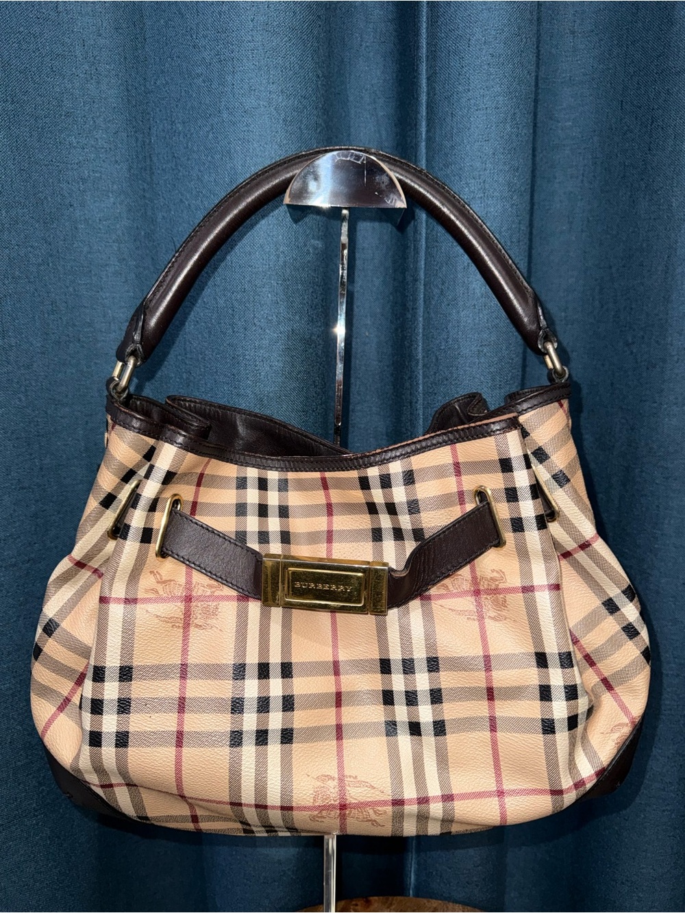 Burberry Beige Plaid Shoulder Bag with Dark Brown Trim